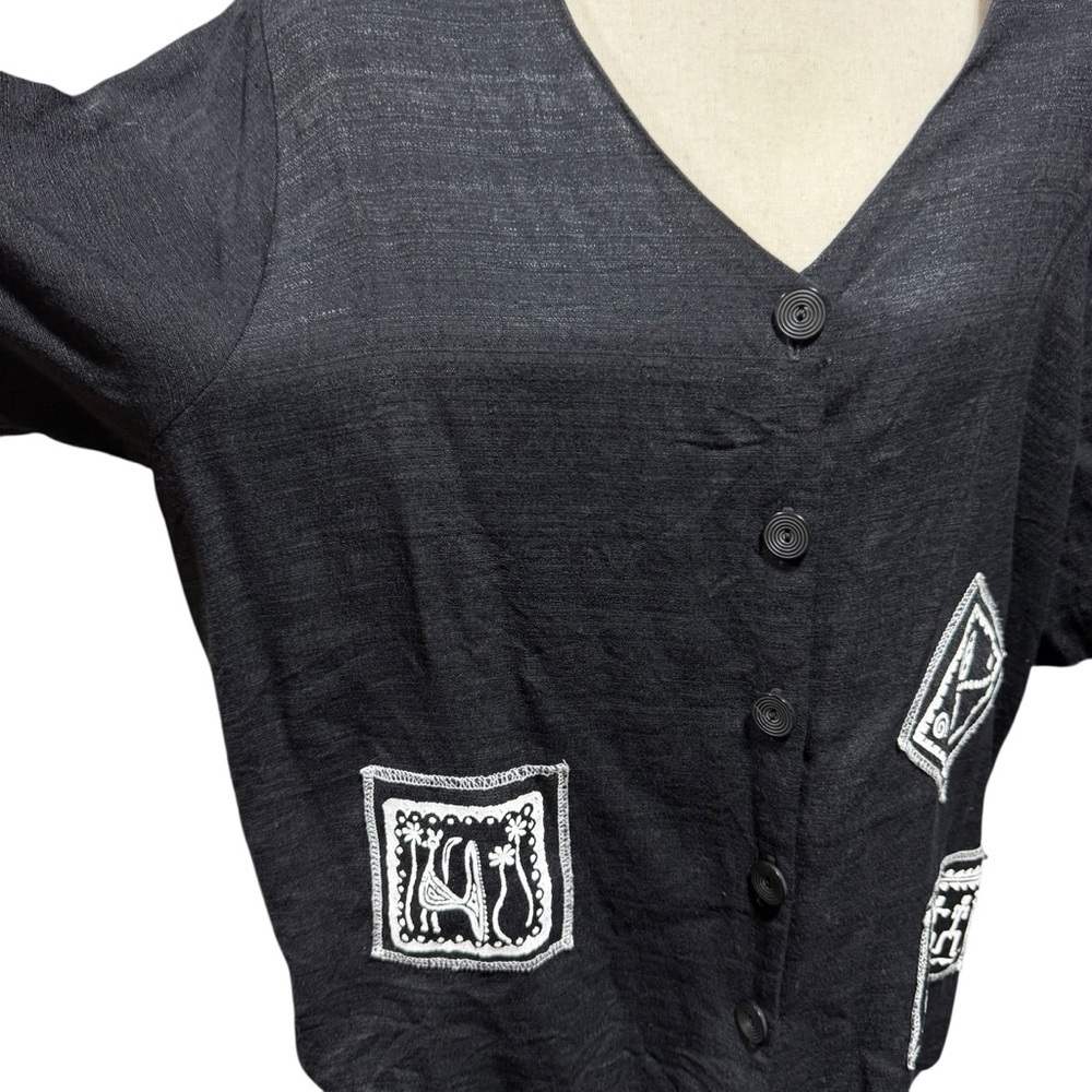Vintage Folk Tribal Art Button Up Black Shirt Size XL * Travel Artsy Resort Wear - Picture 2 of 11